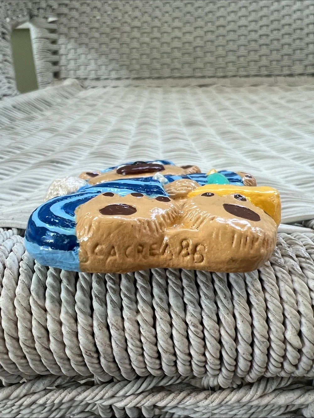 Vintage Ceramic Bear Ornament in Blue Stripes